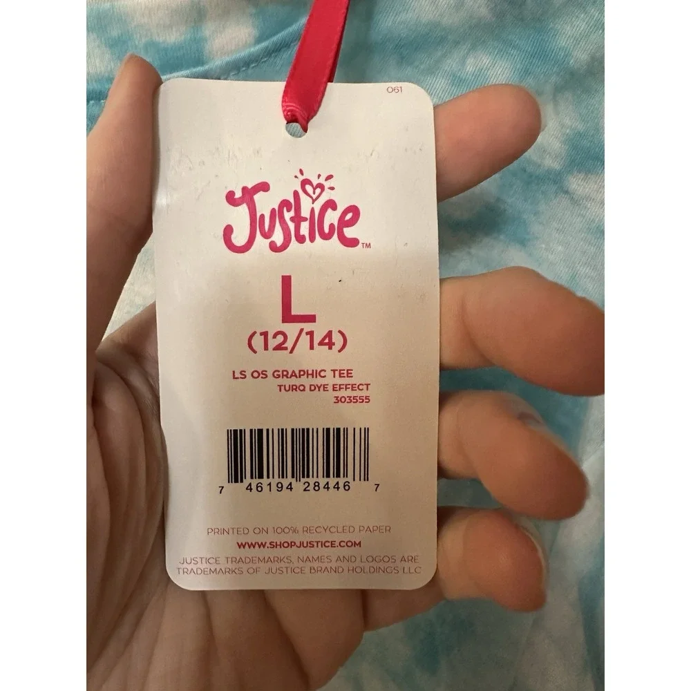 Justice Girls Oversize Top Turquoise 11/14 LargeTie Dye Long Sleeve Graphic Logo